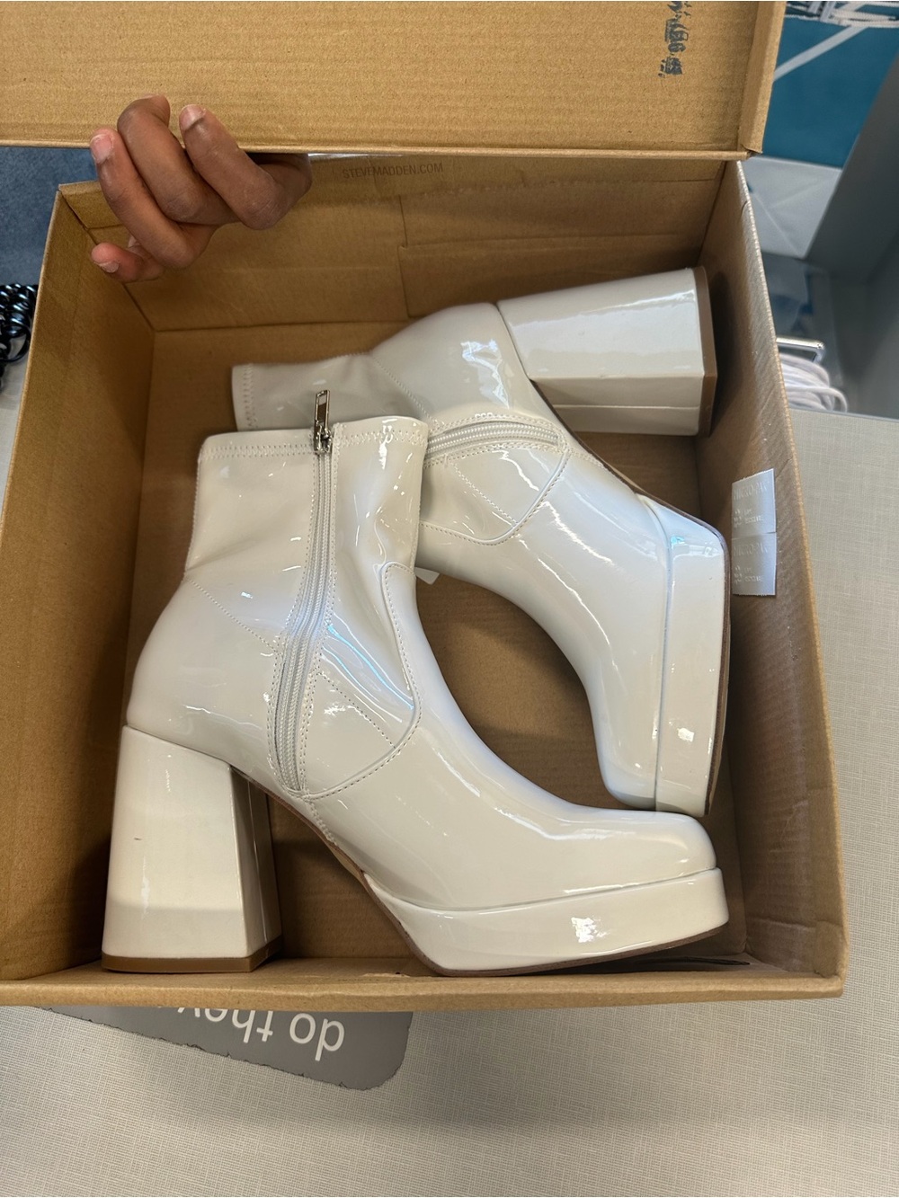 Steve Madden White Patent Platform Block Heel Ankle Boots
